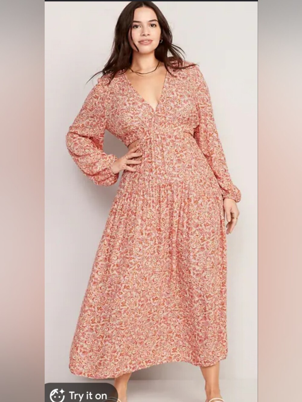 Fall Floral V-Neck Long Sleeve Cotton Midi Dress 14